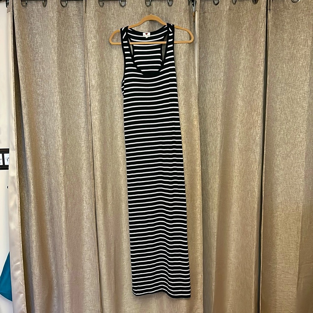 Racerback, cotton and spandex, maxi dress, and black with white stripes size L